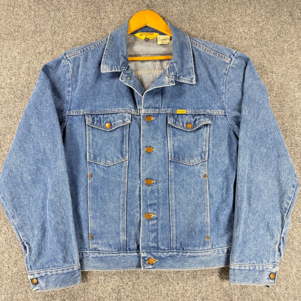 Vintage Rustler Jacket Mens XL Blue Denim Trucker Button Front Made USA Western